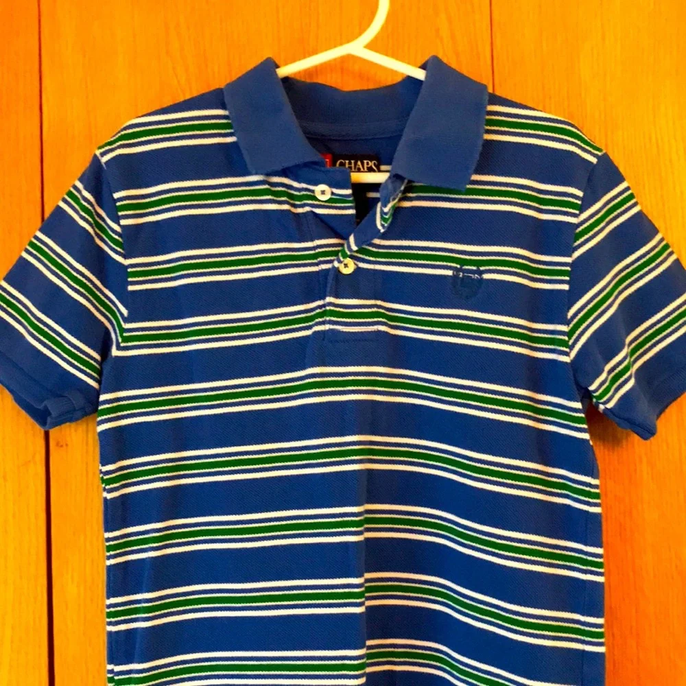 Chaps Ralph Lauren boy’s 6 blue green white striped cotton pique polo shirt